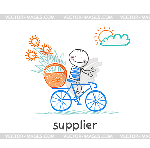 Supplier supplier carries bike basket with goods - vector image