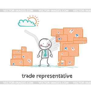 Trade representative is standing with boxes of goods - vector clipart