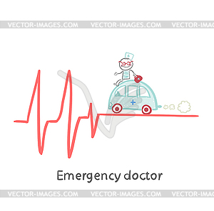 Emergency doctor traveling by car on ECG - vector clipart