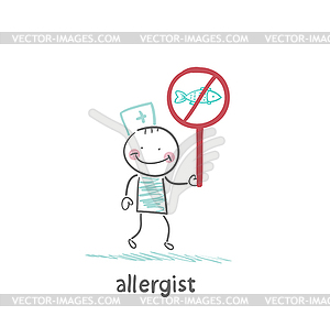 Allergist holds sign prohibiting fish - vector clip art