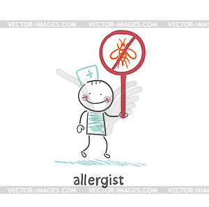 Allergist holds sign prohibiting insects - vector image