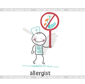 Allergist holding sign banning flowers - vector image