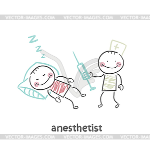 Anesthesiologist with syringe next to sleeping - stock vector clipart