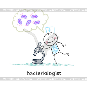 Bacteriologist microscope looks and thinks about - vector clip art