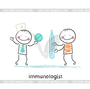 Immunologist gives pill to patient with thermometer - vector clipart