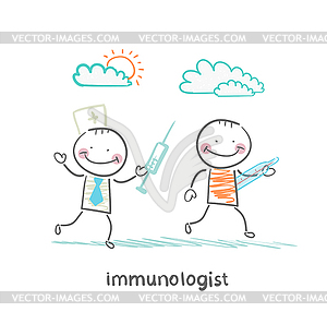 Immunologist runs with syringe for patient with - stock vector clipart