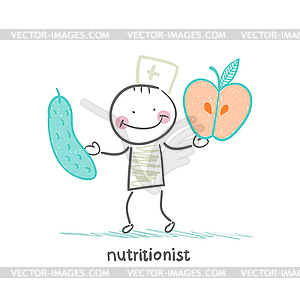 Nutritionist holding cucumber and apple - vector clipart