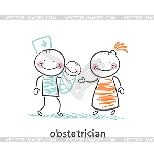 Obstetrician with patient and child - vector clip art