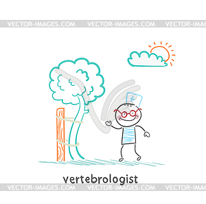 Vertebrologist standing near tree with crooked trunk - vector image