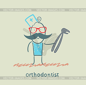 Orthodontist with tool for pulling tooth - vector image