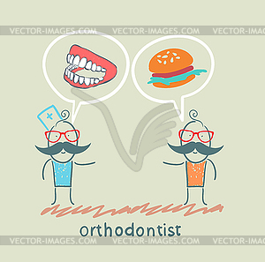 Orthodontist says to patient`s teeth and eating - vector EPS clipart