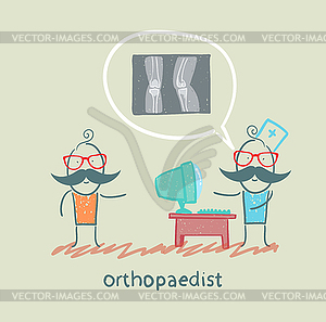 Orthopaedist tells patient about an x-ray - vector clipart