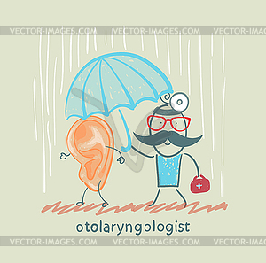 Otolaryngologist holding an umbrella over patient - vector image