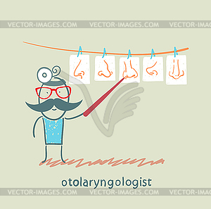 Otolaryngologist show pictures with their noses - vector image