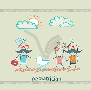 Pediatrician came to sick child in stroller parents - vector image