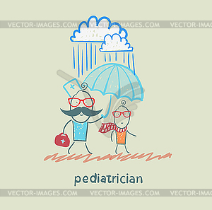 Pediatrician holding an umbrella over child in rain - vector image