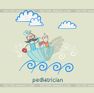 Pediatrician with baby sitting in an umbrella and - vector clip art