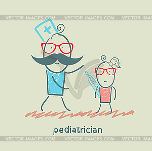 Pediatrician checks child`s temperature - vector image