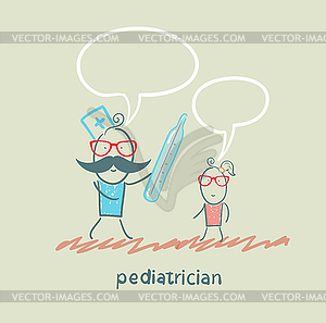 Pediatrician checks child`s temperature - vector image