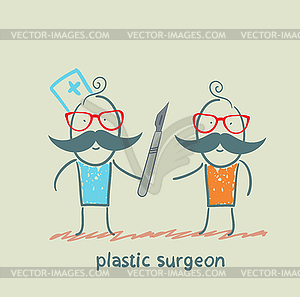 Plastic surgeon with scalpel is close to patient - color vector clipart