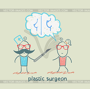 Plastic surgeon says with patient about breast - stock vector clipart