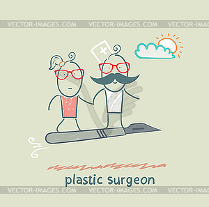 Plastic surgeon with patient flies on scalpel - vector image