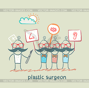 Plastic surgeon looks at people with placards - vector clipart