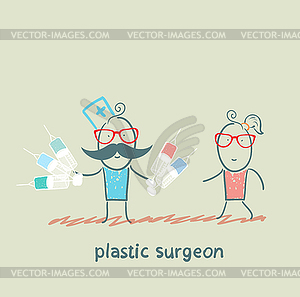 Plastic surgeon holding syringe and stands next to - vector image