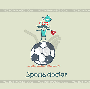 Sports doctor sits on huge soccer ball - vector clip art