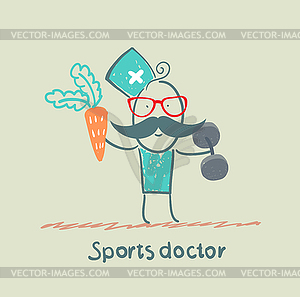 Sports doctor offers carrot and holding dumbbells - vector image