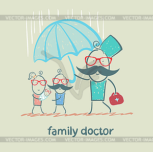 Family doctor holding an umbrella of rain on her - vector image