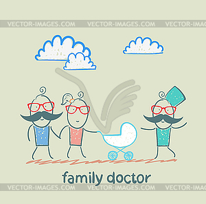 Family doctor treats father, mother and baby - royalty-free vector clipart