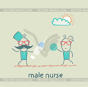 Male nurse with syringe and pills in hands - vector image