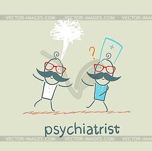 Psychiatrist afraid of crazy patient - vector clipart