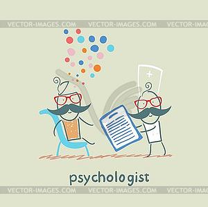 Psychologist with folder, and patient`s head - vector clip art