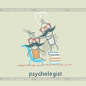 Psychologist is on stack of books and looks inside - royalty-free vector clipart