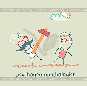 Psychoneuropathologist runs with hammer for patient - vector clip art