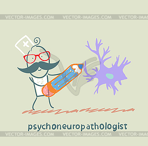 Psychoneuropathologist pencil draws nerve cells - color vector clipart