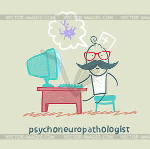 Psychoneuropathologist sits on workplace at compute - vector clipart