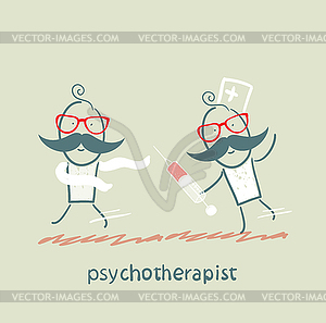 Psychotherapist with syringe catching up with crazy - vector clipart