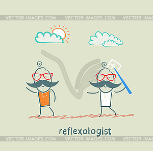 Reflexologist with needle catches patient - vector clipart