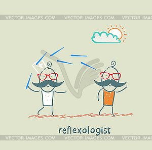 Reflexologist works with patient with needles - color vector clipart