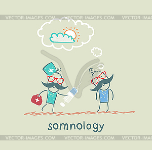 Somnology stands next to syringe with patient who - vector clipart