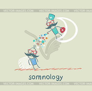 Somnology standing on moon and throws multicolored - vector image