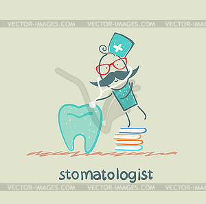 Stomatologist standing on pile of books and - color vector clipart