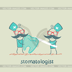 Stomatologist examine sore tooth - vector image