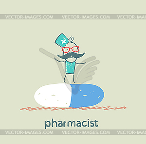 Pharmacist is on large tablet - vector image