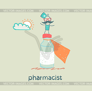 Pharmacist is on big pot of medicines - vector clipart