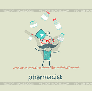 Pharmacist juggles medicines - vector image