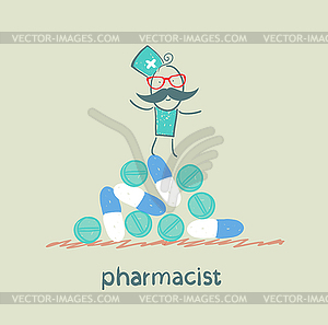 Pharmacist is on pile of pills and capsules - vector clipart